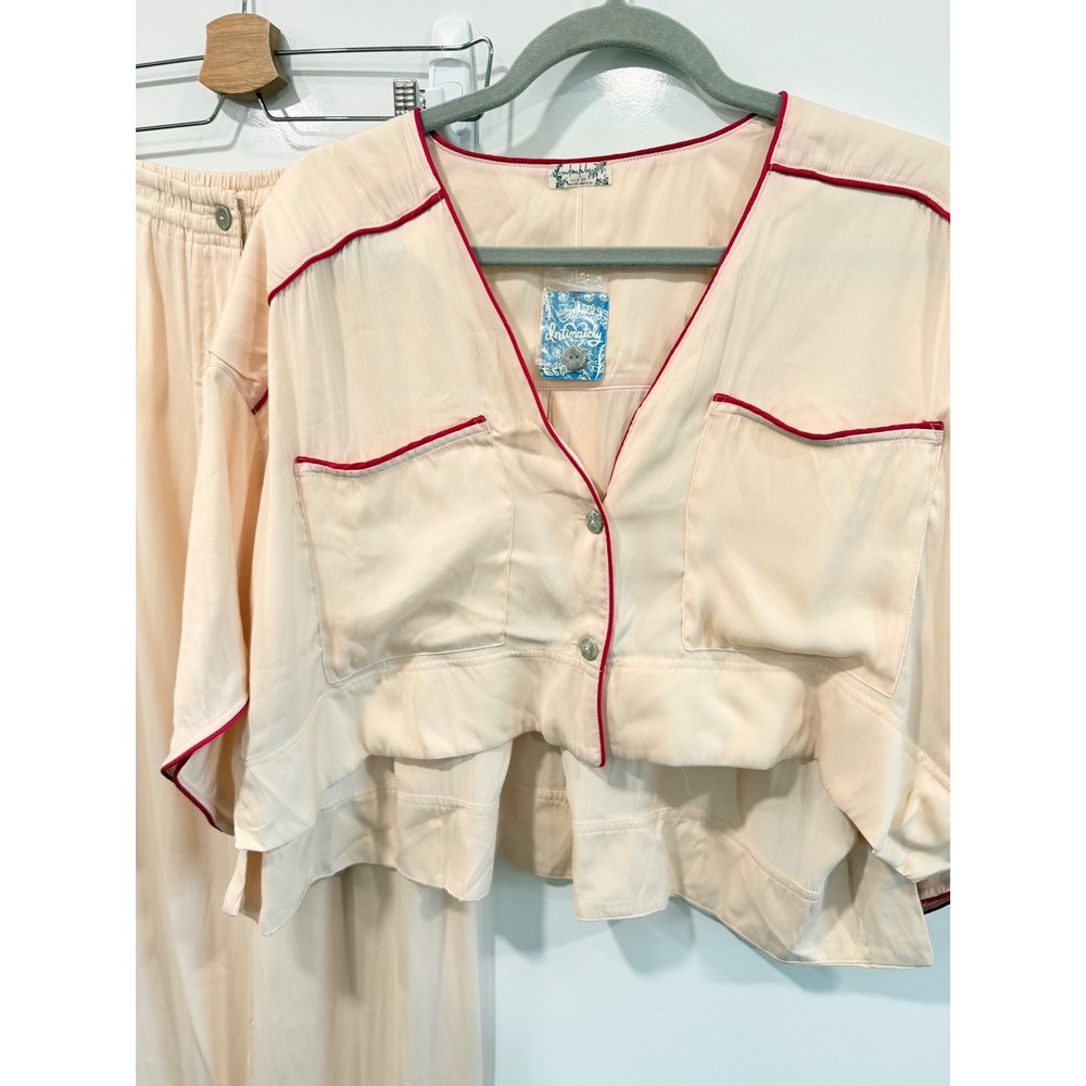 Free People Intimately Satin Pajama Set Sugar Pink Red Piping XS NEW - Picture 5 of 14